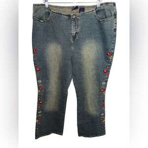 Vintage Route 66 Jeans Womens 20W PLUS Blue Denim Flare Flowers Boho Y2K